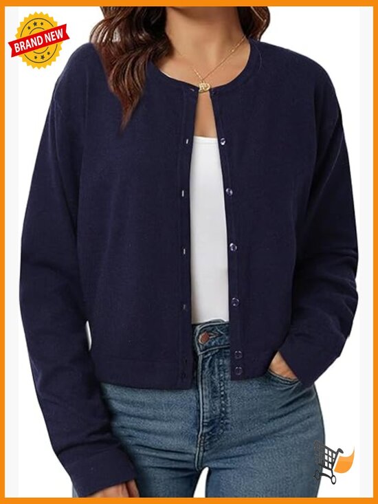 Sweaters - Lightweight Cropped Cardigan Sweater Long Sleeve Button Down Shrug